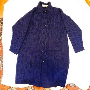 Aran Sweater Coat Long Hand Knit Deep Navy Wool XXL